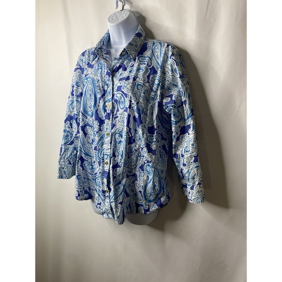 Chaps Womens 100% Cotton Shirt Size Large Paisley Coastal Preppy Nautical Career - Picture 2 of 11